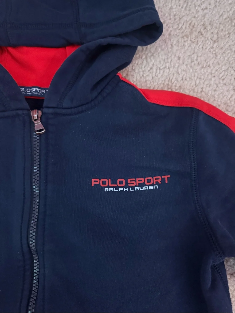 Ralph Lauren Polo Sport Navy Hooded Zip-Up with Red Sleeve Stripes - Kids